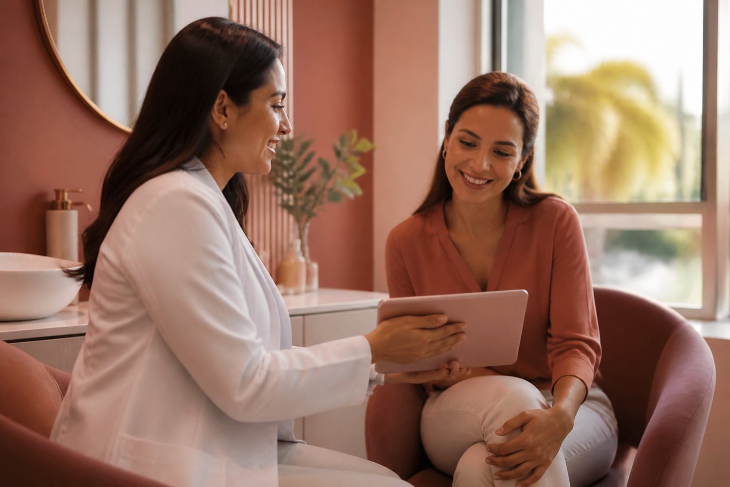 Profissional mostrando o tablet para a paciente na consulta